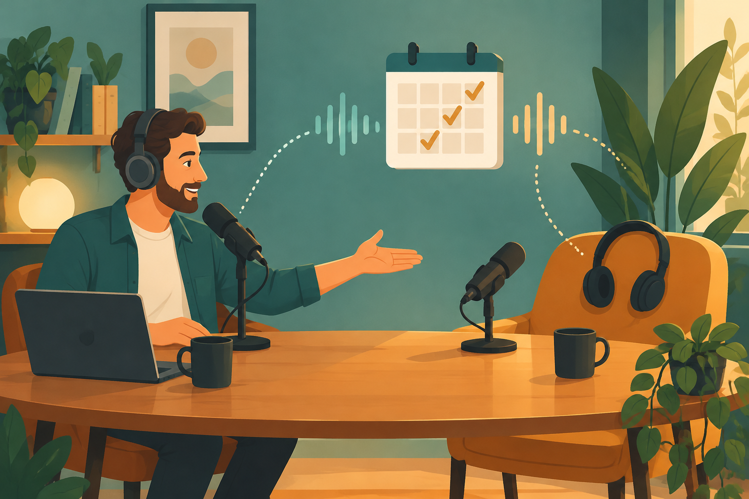 Illustration of a podcast host welcoming a guest, with a calendar of booked interviews